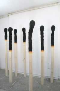 group of 7 Matchstickmen, Installation 2016 -2019 each ca 230 cm , wood,PU,paint - Wolfgang Stiller