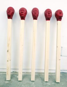 group of 5 Matchstick men 2020, each 155 cm wood,PU,paint  - Wolfgang Stiller